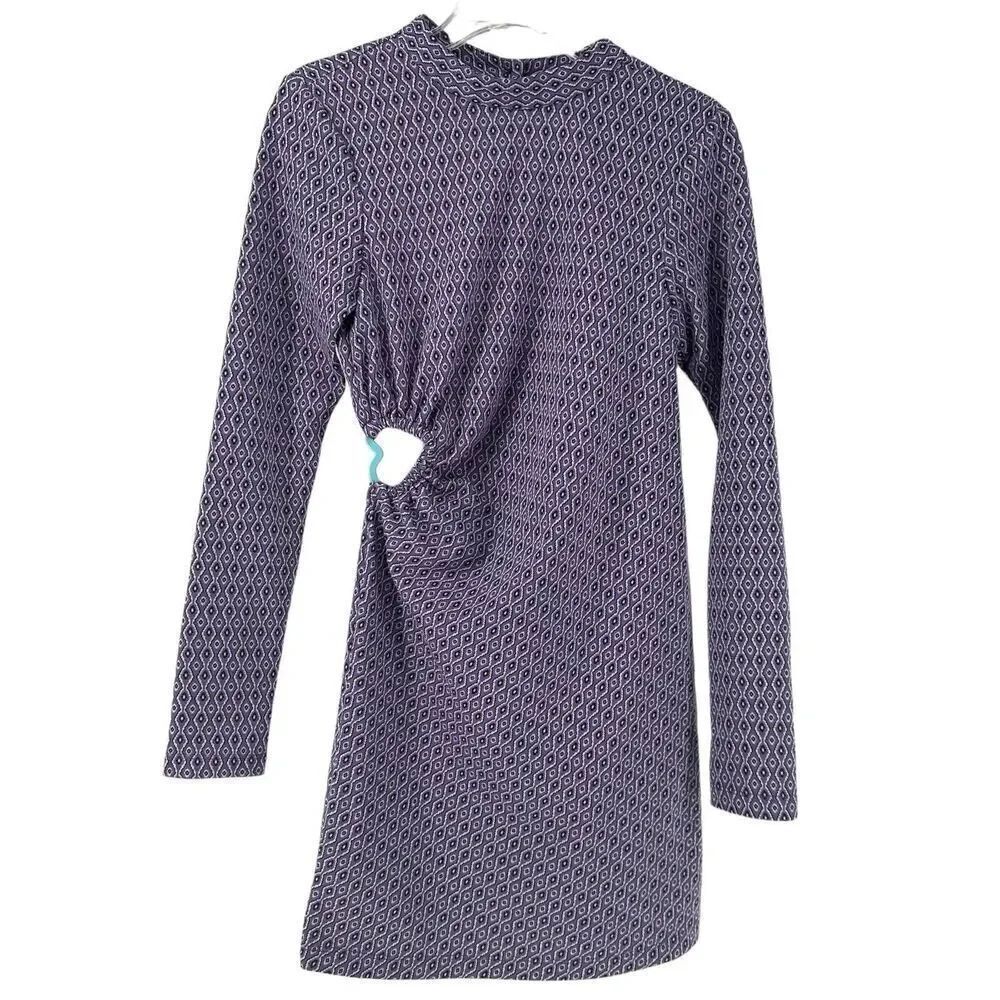 ZARA Dress Purple Open Back Heart Jacquard Size M Disco Long Sleeve Groovy Mock